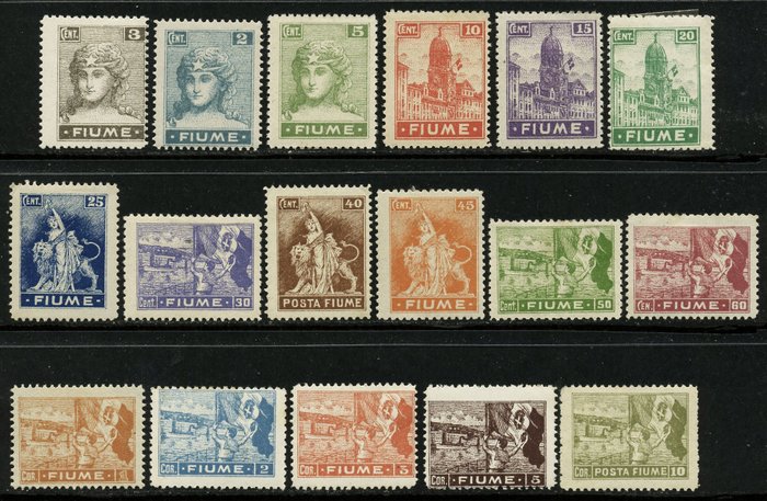 Estado Livre de Fiume 1919 - Alegorias e vistas, série completa de 17 valores com papel C - Sassone N. 32/48C