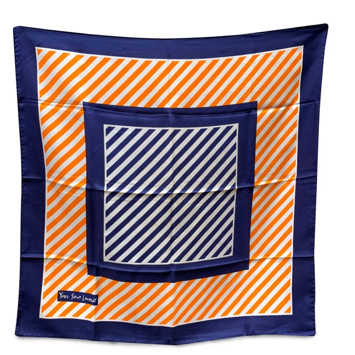 Yves Saint Laurent - Vintage Orange and Blue Striped Silk Scarf - 圍巾