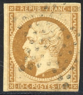 Frankreich 1852 - 10c gelbes Bistre – Signierte Kälber – Klarer Punkt, sonst VG – Wertung: 850 € - Yvert 9