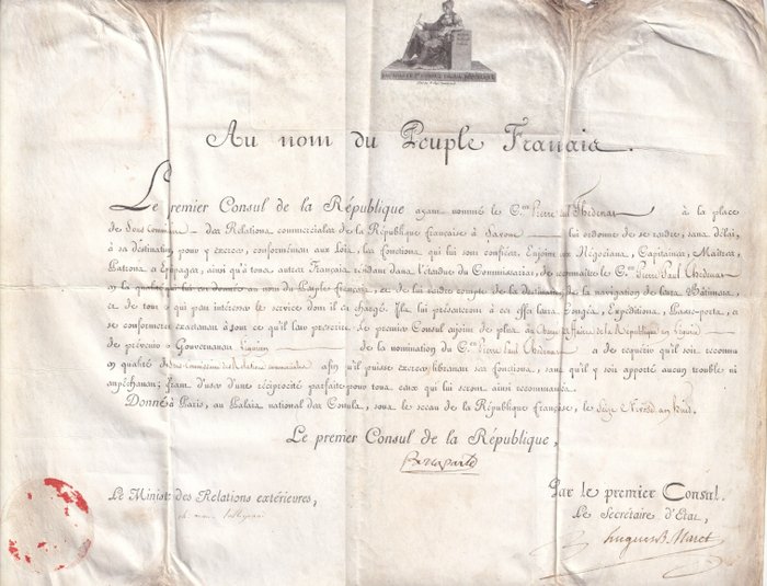Napoléon Bonaparte - Brevet Diplomatique. Document signé par Napoleon et Talleyrand [autographe] - 1800