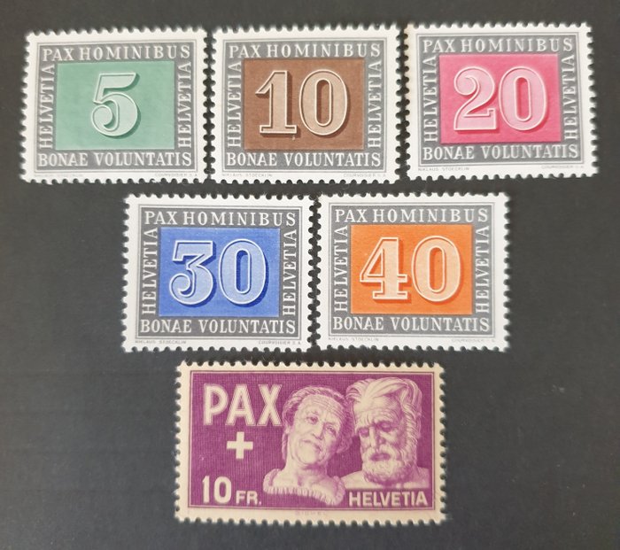 Schweiz  - PAX 1945 postfrisch 5c, 10c, 20c, 30c, 40c und 10 Francs