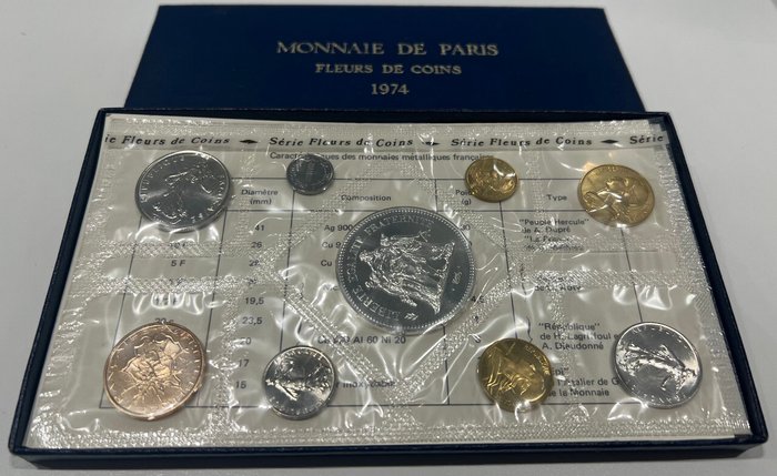 Frankrike. Year Set (FDC) 1974 (9 monnaies) dont 50 Francs argent