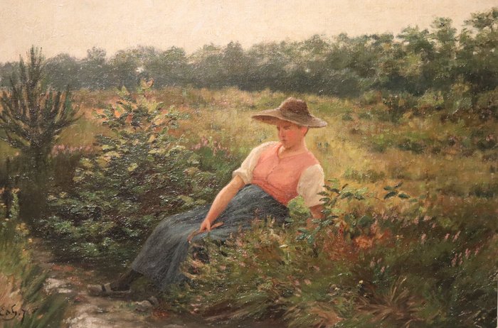 Edgard Farasyn (1858 - 1938) - Rustende jonge boerenvrouw