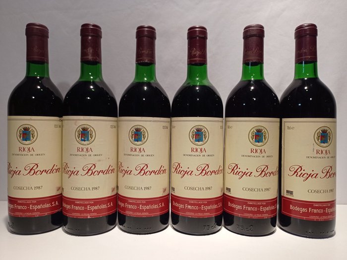 1987 Bodegas Franco-Españolas, Rioja Bordón - Rioja Crianza - 6 Botellas (0,75 L)