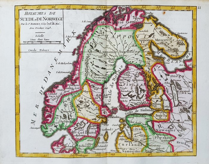 欧洲, 地图 - 北欧/斯堪的纳维亚半岛/挪威/瑞典/丹麦; R. de Vaugondy / M. Robert - Royaume de Suede et de Norwege - 1721-1750