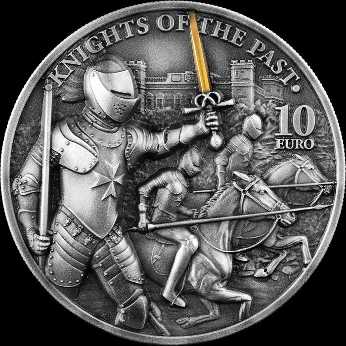 馬耳他. 10 Euro 2021 Knight of the Past 2 Oz (.999) Antique Finish/Gildet