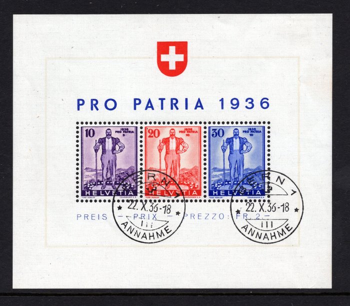 Suíça 1936 - Pro Patria - Frete grátis para todo o mundo - Zumstein 8 (Michel blok 2)