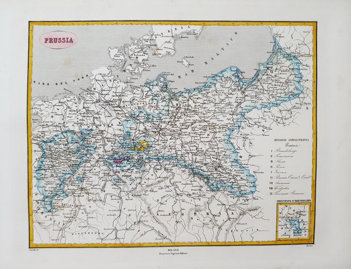 Europa, Mapa - Alemanha / Polónia / Regiões Bálticas / Pomerânia / Lituânia; Pagnoni / Allodi / Naymiller - Carta della Prussia - 1851-1860