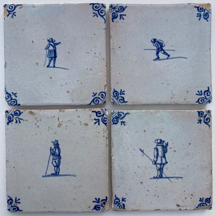 Laatta - Harvinaiset antiikkiset Delftin siniset laatat lasten peleillä - 1600-1650 