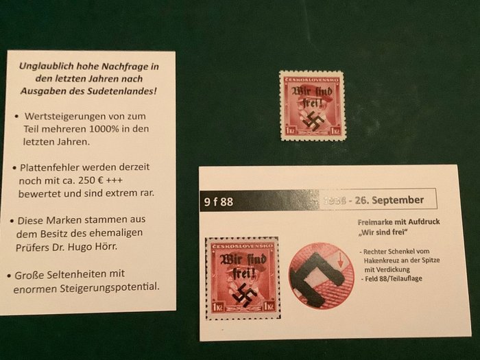 波希米亚和摩拉维亚 1939 - Rumburg：1 K，带有 wir Sind frei 套印和副版错误 - Michel 9