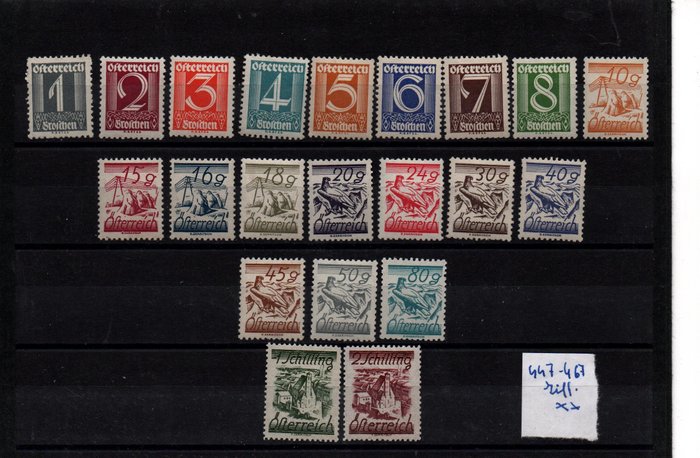 Autriche 1925/1925 - Série de timbres-poste trame numérique série complète incluant les valeurs en shillings état neuf - Katalognummer 447-467