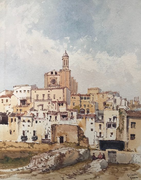Gabriele Carelli (1820-1900) - Veduta di Girona con il Duomo - Spagna Catalogna