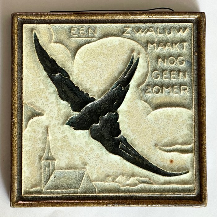 Tile - Cloisonné tile - image "One swallow does not make a summer" - De Porceleyne Fles, Delft - Vintage - 1930-1940 