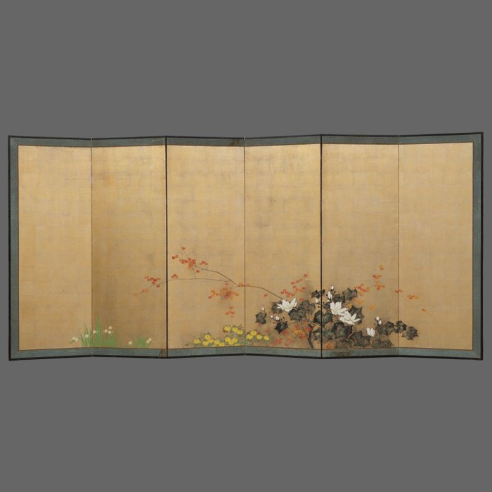 Paravento Byōbu - Carta, Lacca, Legno, Foglia oro - Giappone - Primo periodo Meiji (seconda metà del XIX secolo)