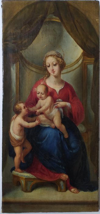 Scuola italiana (XIX) (Firmato Borioni) - Madonna con Gesù e san Giovannino