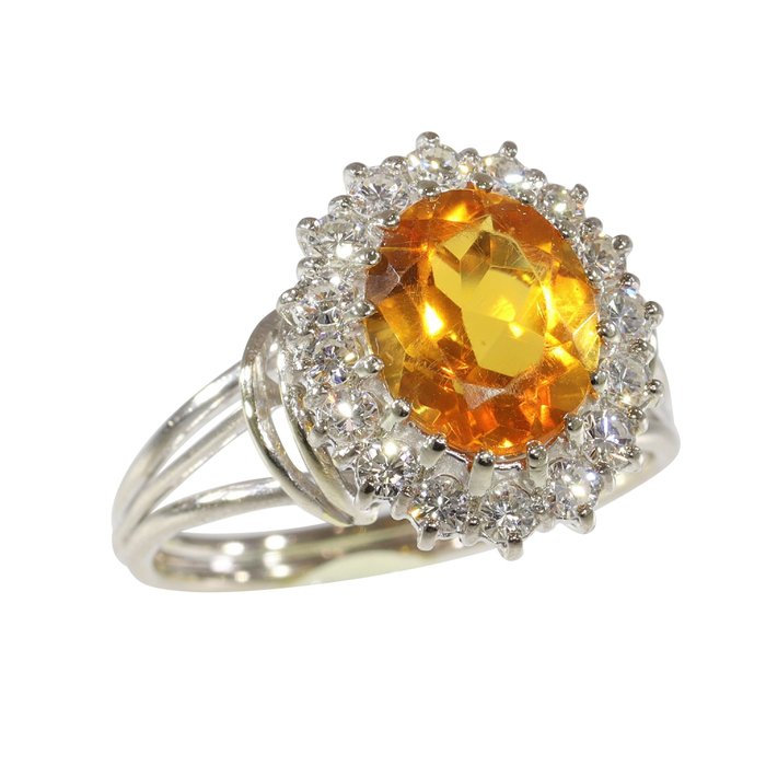 Ohne Mindestpreis - Vintage anno 1970 - Ring - 18 kt Weißgold -  2.60 tw. Citrin - Diamant 