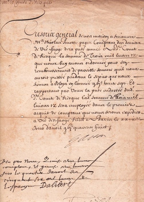 Gaston d'Orléans [Frère du Roi Louis XIII] - Pièce signée pour le Comte Charles Léon de Fresque [3000 livres tournois] - 1648