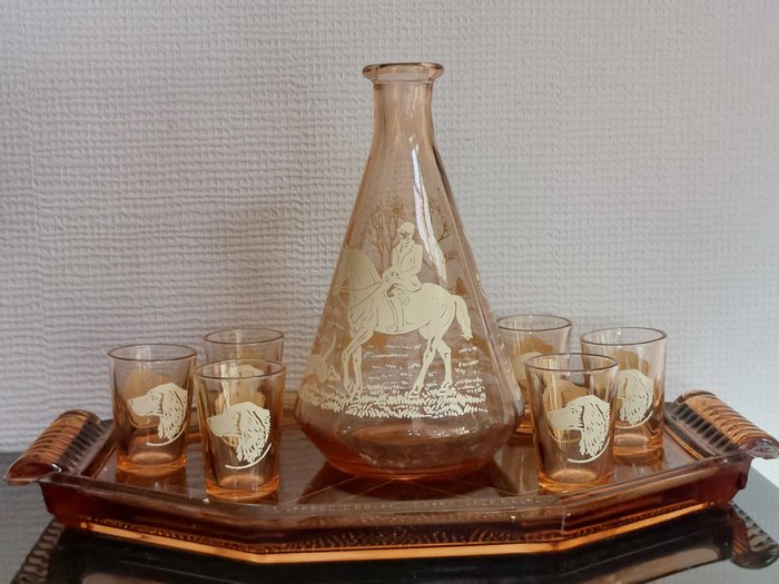 art deco Decanter/karaf/plateau set-Rosaline glas-1930 Rosaline glass - Φιάλη οίνου (8) - Γυαλί