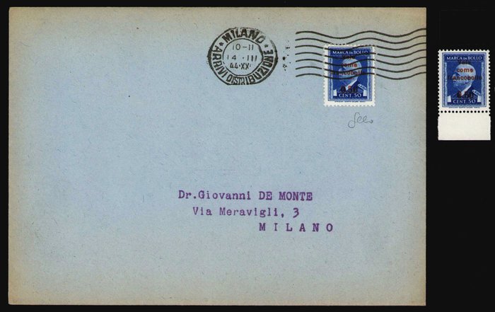 義大利 1944 - 套印品牌「作為郵票有效」。單張+信封