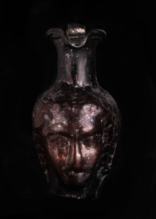 Romersk antikk Glass Sjelden Aubergine Janus Flask