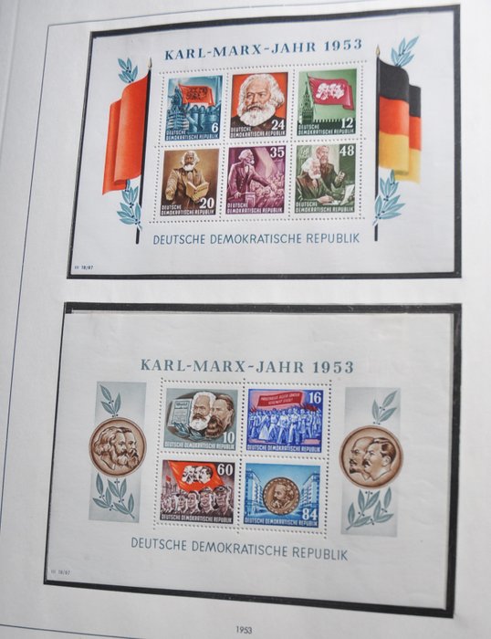 Niemiecka Republika Demokratyczna 1949/1965 - Kolekcja w albumie Luxe Safe zawierająca bloczki Karola Marksa, bloczki Debrii, lepsze serie i