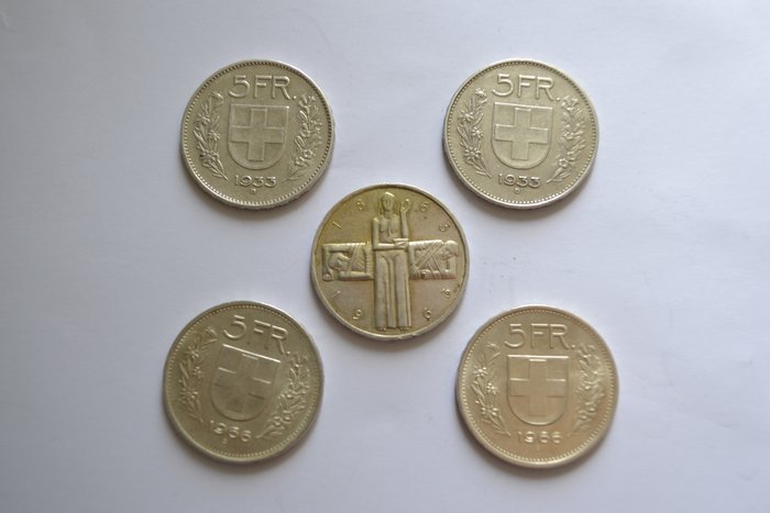 Suíça. 5 Francs 1933/1963 (5 monete)  (Sem preço de reserva)