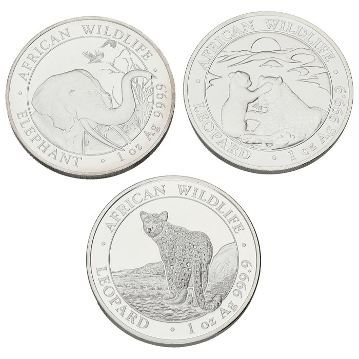 Somalia. 100 Shillings 2018/2019 ''Elephant & Leopard'', 3x1 Oz (.999)  (Ohne Mindestpreis)