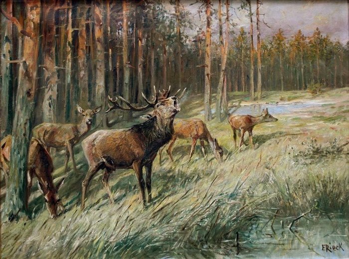 Emil Rieck (Ger1852 - 1939) - Forest clearing with roaring deer and his hinds