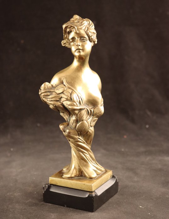 半身像, Art Nouveau beeld dame - 20 cm - 大理石, 青銅色