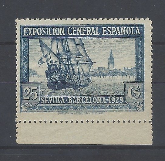 Spania 1929 - Eroare de culoare 25 Cts. Sevilla-Barcelona - Edifil Esp. nº 440cc