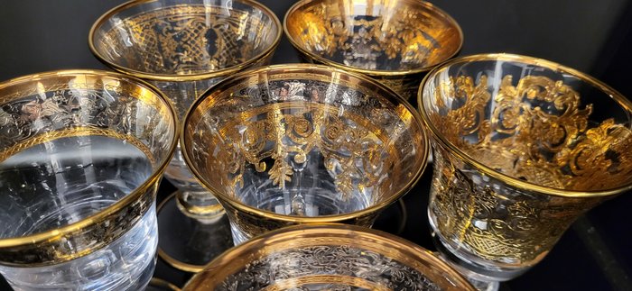 Antica cristalleria italiana - 饮料用具 (6) - 华丽的高脚杯，富含黄金 - .999 (24k)黄金, 水晶
