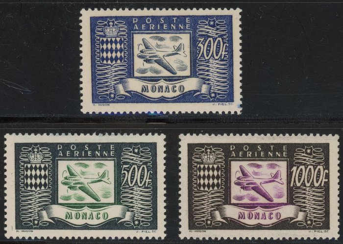 Monaco 1949 - Lentoposti - Hyvä sarja - Postin tuoreus - Arvosana: 250 € - Yvert PA 42/44