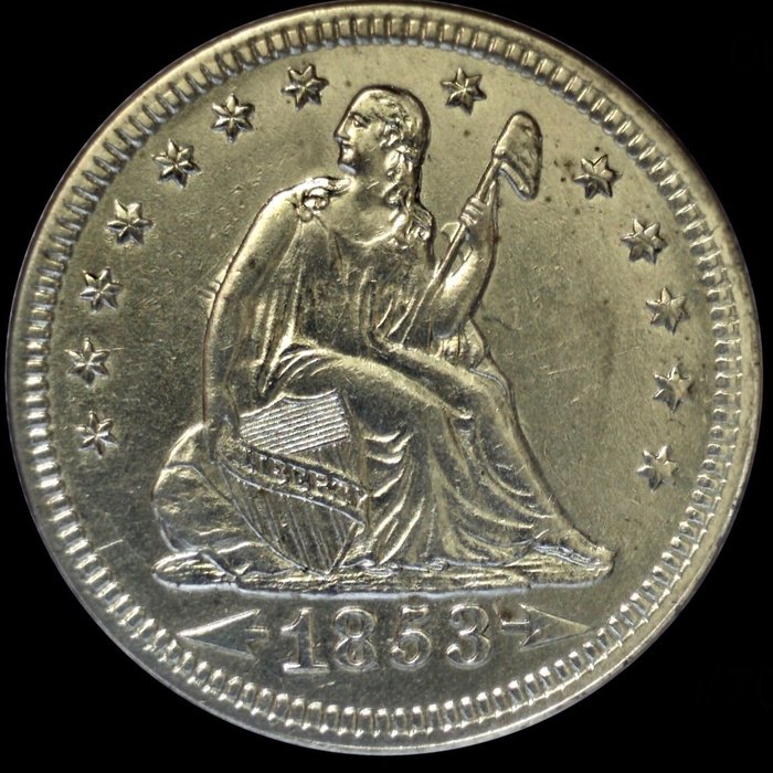États-Unis. Seated Liberty Quarter Dollar (25 cents) 1853 "Arrows & Rays"  (Sans Prix de Réserve)