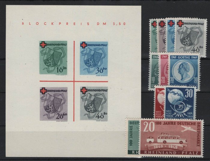 Rhéno Palatin 1949 - Bijzondere stempels en blok compleet - Michel 42-52