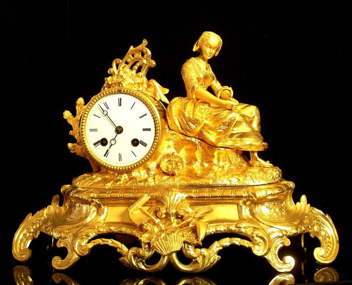 Kaminuhr - French Empire 1855 "Allegory of Spring" Large gilt bronze clock signed "LINET Ainé" + "VINCENTI" - Empire - Vergoldete Bronze - 1850-1900