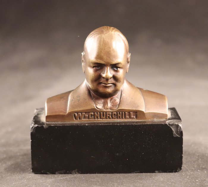 Bust, Winston Churchill - 8 cm - Bronz, Marmură