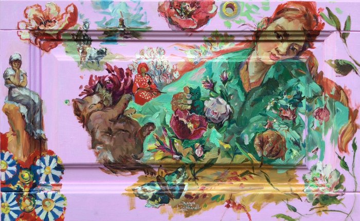 Borgen Lindhardt (1974) - Kimono meisje en voorjaarsgevoel (geschilderd op kastdeur)