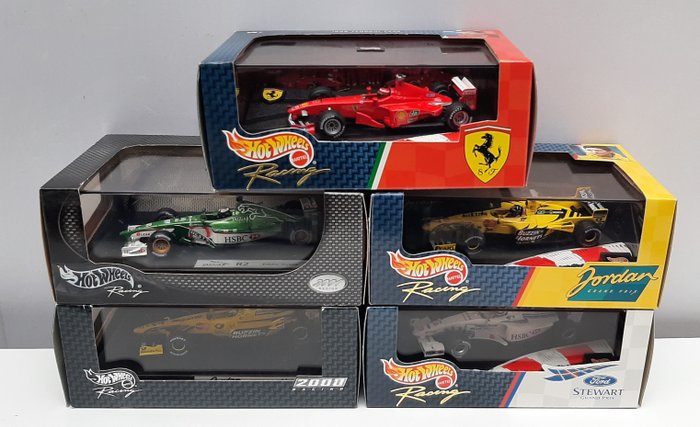 Hot Wheels 1:43 - 模型汽车 - Ferrari F399 + Jaguar R2 + Stewart SF3 + Jordan 199 + Jordan EJ10 - 艾迪·埃尔文 + 达蒙·希尔 + 鲁本斯·巴里切罗 + HHF