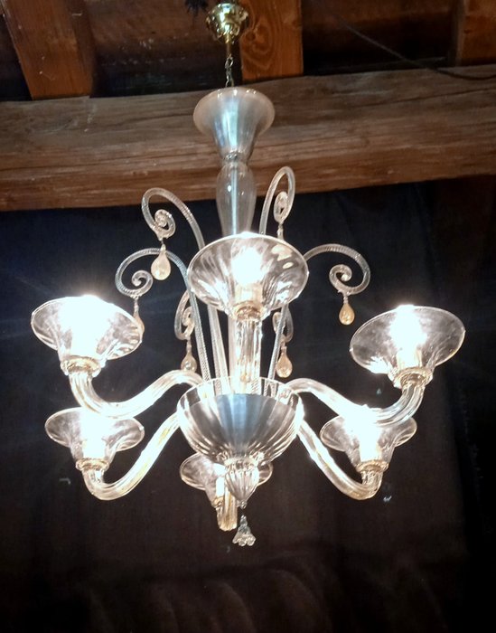 Lámpara colgante - Sin Reserva - Murano: Pastorales. Vidrio transparente/dorado
