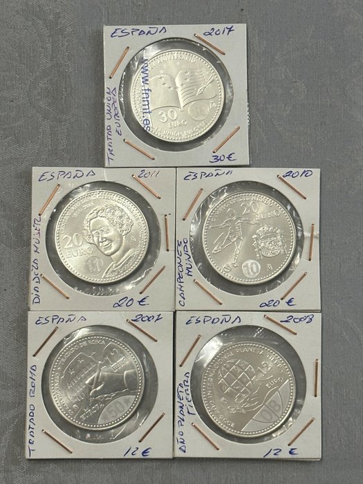 西班牙. 12 Euro / 20 Euro / 30 Euro 2007/2017 (5 monedas)  (没有保留价)