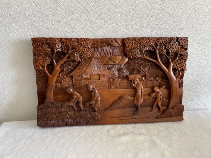 雕刻, Houten wandpaneel houtsnijwerk ‘oogsttijd’ - 35 cm - 木