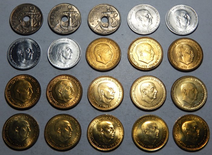Spanje. Francisco Franco. 50 Céntimos y 1 Peseta 1949 *19-62 a 1966 *19-75. Lote de 20 monedas. Brillo original  (Zonder Minimumprijs)