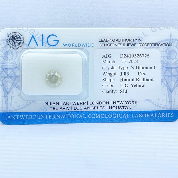 1 pcs Diamant - 1.03 ct - Rund - Light grayish yellow - SI3, No Reserve Price!