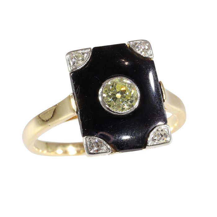 Zonder Minimumprijs - Vintage 1920's Art Deco - Ring - 18 karaat Geel goud -  0.26 tw. Diamant - Onyx 