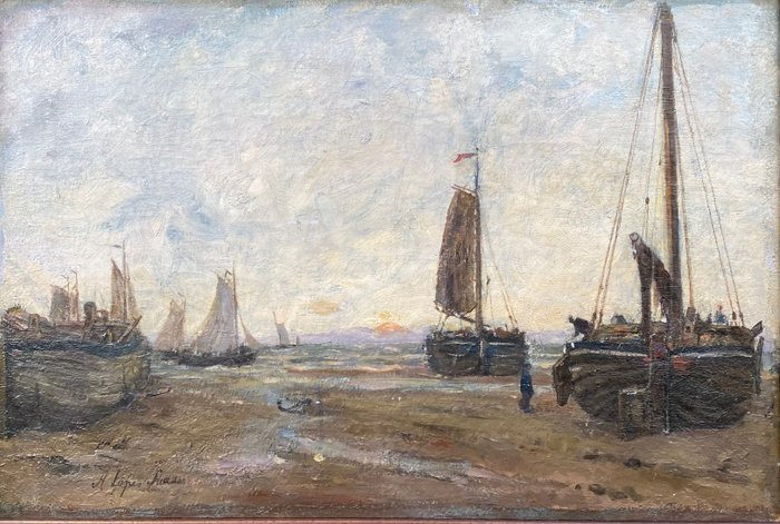 A Lopes Suasso (1855-1927) - Boten op het strand van Katwijk