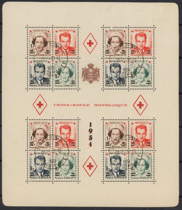 Monaco 1951 - Punainen Risti - Ylikuormitettu sahalaitainen lohko - Hinta: 550 € - Yvert Bloc 4A