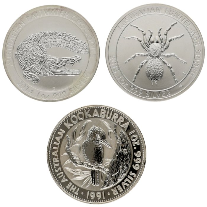 澳大利亚. 1 Dollar / 5 Dollars 1991/2020 ''Crocodile & Spider & Kookaburra'', 3x1 Oz (.999)  (没有保留价)