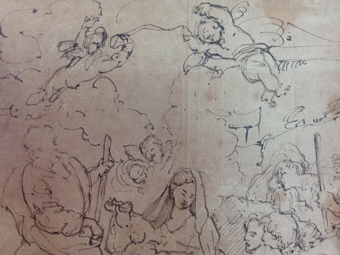 Objetos religiosos e espirituais - Desenho a tinta da Sagrada Família, autor anônimo, escola romana. - Papel - 1750-1800