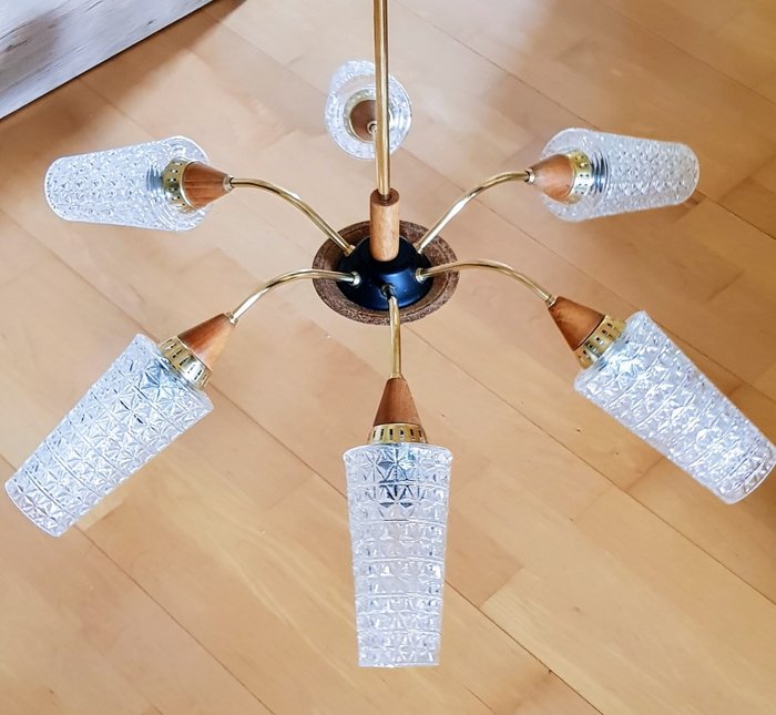 Függő lámpa - Sputnik design - Fa, Tikfa, Sárgaréz, Üveg