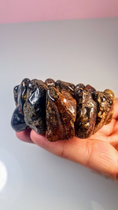 波罗的海琥珀手链 - 黑色，带花卉内含物 - 琥珀 - Large - 60 mm - 4 cm  (没有保留价)
